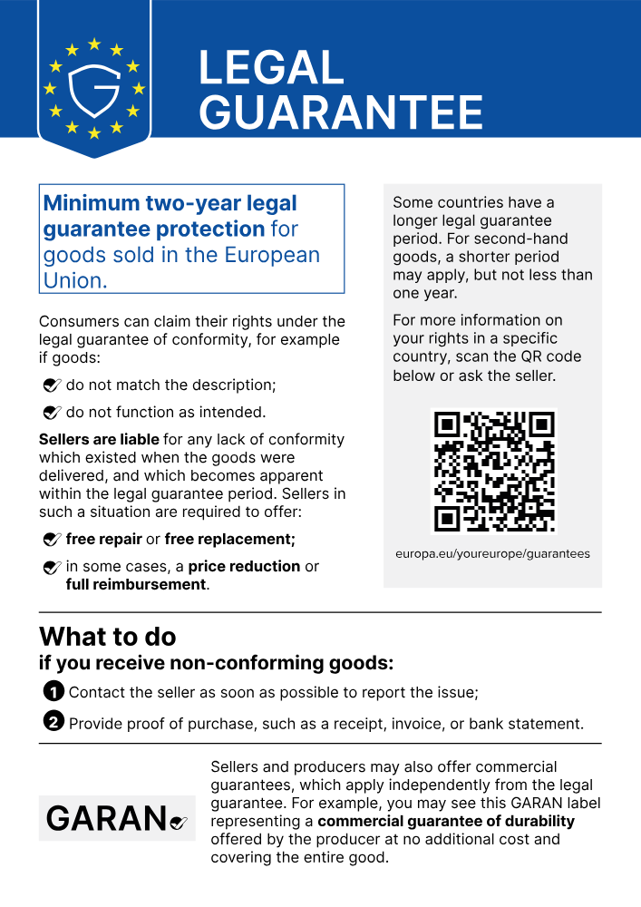 Legal guarantee notice – minimum two-year legal guarantee on goods sold in the European Union