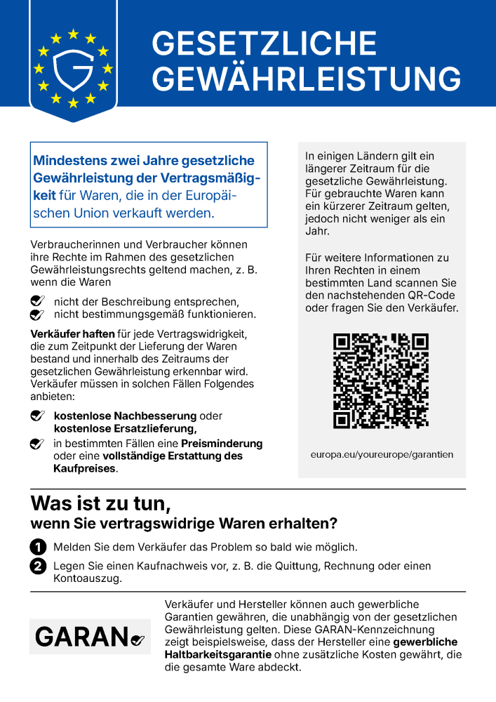Hinweis zur gesetzlichen Gewährleistung – mindestens zweijährige gesetzliche Gewährleistung in der Europäischen Union