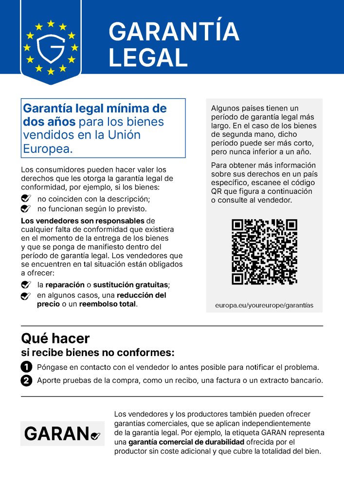 Aviso sobre la garantía legal – garantía legal mínima de dos años en los bienes vendidos en la Unión Europea
