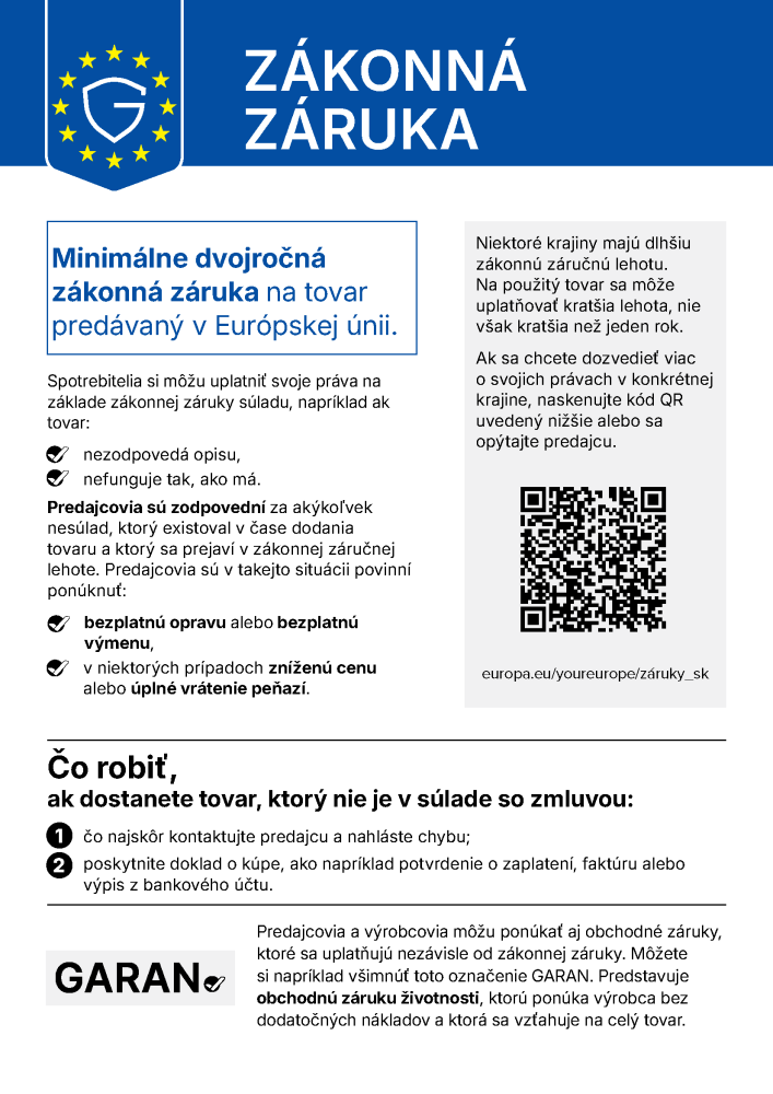 Oznámenie o zodpovednosti za vady tovaru – zákonná záruka na tovar predávaný v Európskej únii